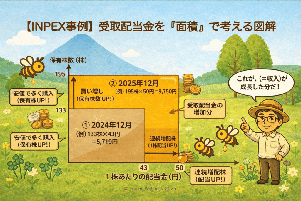 INPEXを事例とした受取配当金の面積図解。縦軸に株数、横軸に1株配当をとり、2024年から2025年にかけて面積（配当金総額）が拡大する様子を示すグラフと解説キャラクターのイラスト。