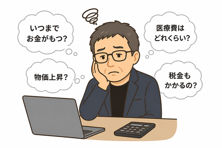 複雑な計算に頭を悩ませているマネ太郎